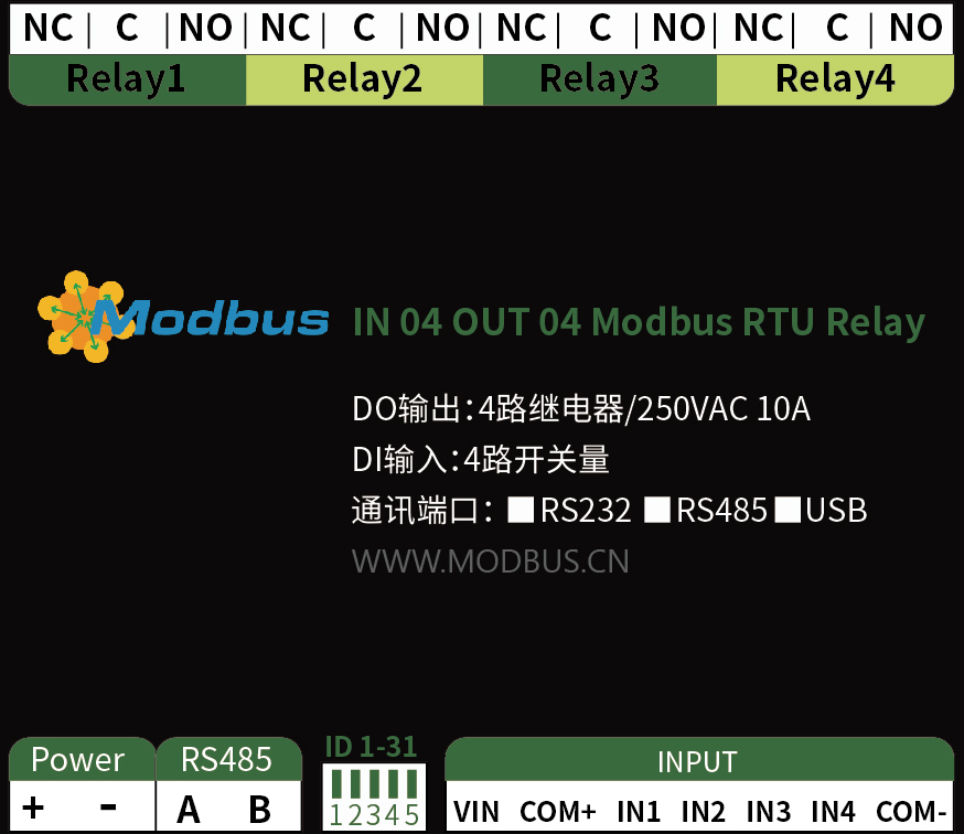 4入4出Modbus RTU继电器模块说明书
